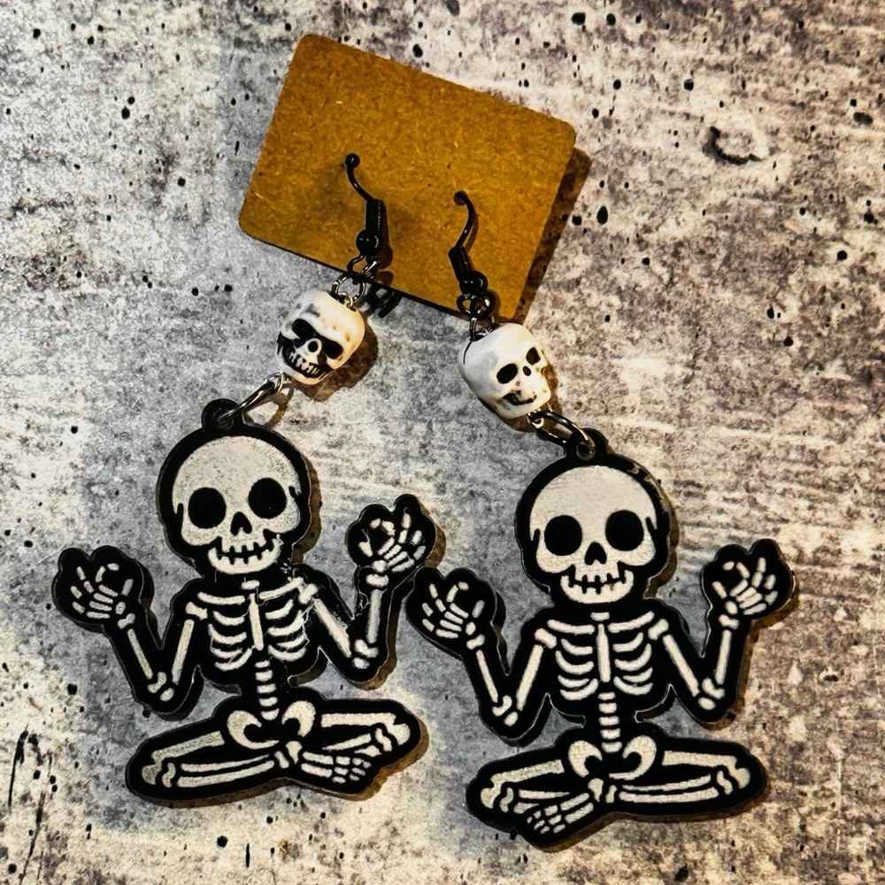 Meditating Skeleton Earrings, Spooky Halloween Jewelry, Yoga Earrings